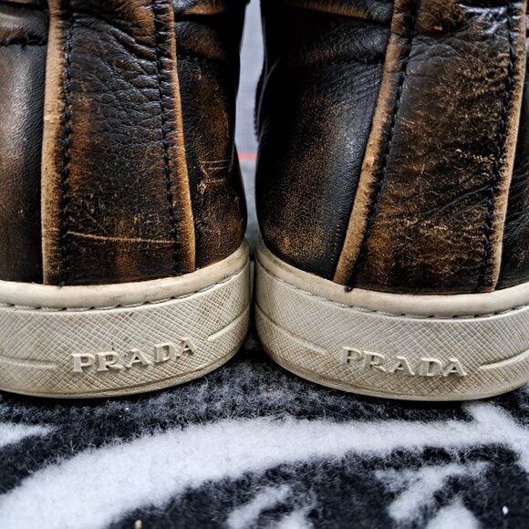 Prada Mens Old Nappa Leather Rustic Brown High Top Sneaker Size 7 Men - Picture 11 of 16